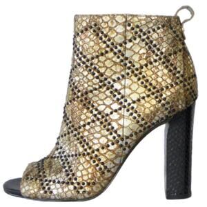 CALVIN KLEIN Jules Studded Peep Toe Heeled Bootie Gold Snake Print Leather